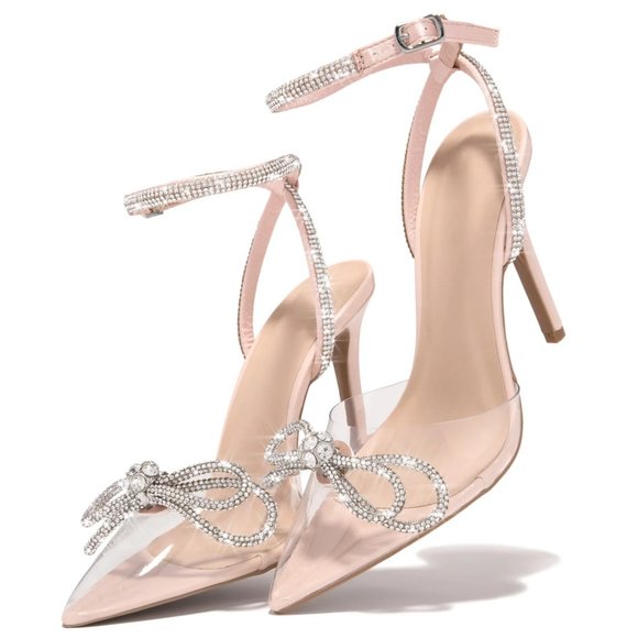 NEW Blush Nude Clear Transparent Rhinestone Bow Ankle Strap Pointy Toe Pump Heel - Picture 4 of 12